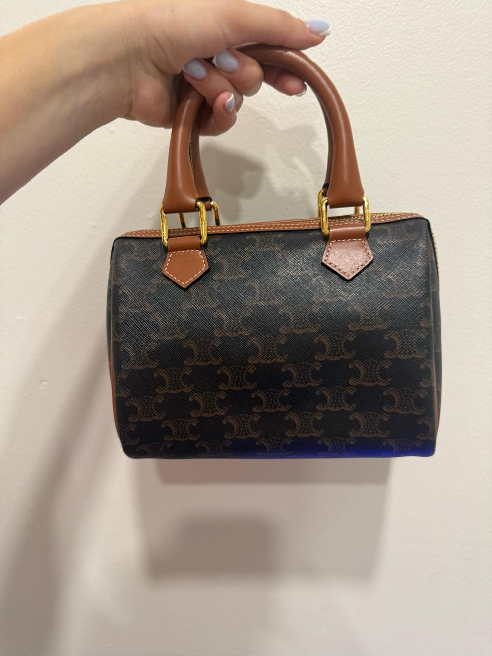 Celine Brown Monogram Mini Top-Handle Boston Bag with Tan Trim